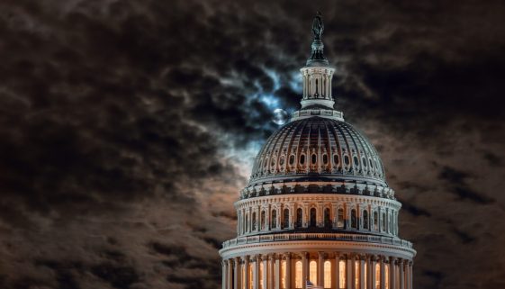 Washington DC United States Capitol Building dome detail and full moon at night
