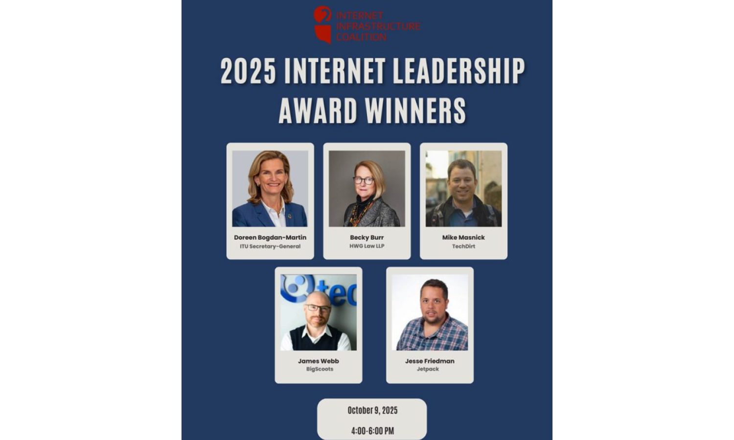 i2Coalition 2025 Internet Leadership Award winners: Doreen Bogdan-Martin, Becky Burr, Mike Masnick, James Webb, Jesse Friedman